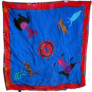 Jill France Whimsical Circus Animal Print Silk Scarf Colorful Folk Art Statement - Picture 1 of 11