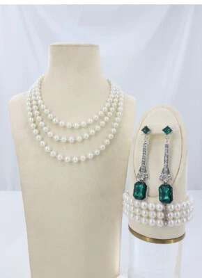 Conjunto de pendientes collar pulsera perlas blancas largas Art Deco gota retro fiesta Foto 1 de 4