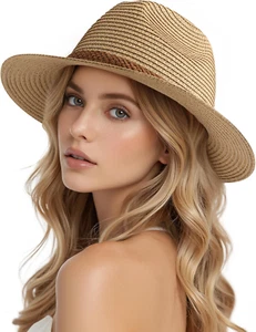Beach Hats for Women - Sun Straw Fedora Hats for Women, Packable Sun Hat Womens - Picture 1 of 12