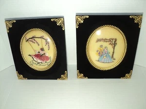 Vintage 2 Embroidery Needle Point Pictures In Velvet Frames - Picture 1 of 8