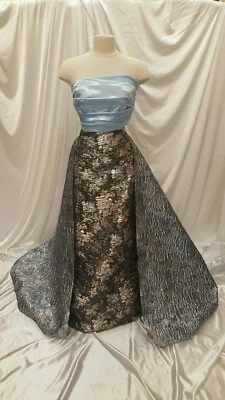 Black Blue Jacquard Gold Metallic Floral Flowers Brocade Fabric By The Yard Gown - Image 1 of 4