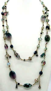 Artisan AB Faceted Crystals Art Glass Fluorite Beads Gold Tone Necklace 60" - Picture 1 of 7