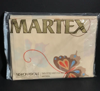 HANAE MORI Beige Butterfly Twin Fitted Sheet New VTG Martex Volante bedding - Image 1 of 4