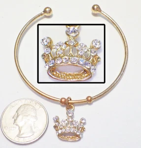 Vtg Torq Cuff Bangle Bracelet w/Rhinestone Monarch Crown Charm Gold Plate 7"+1" - Picture 1 of 4
