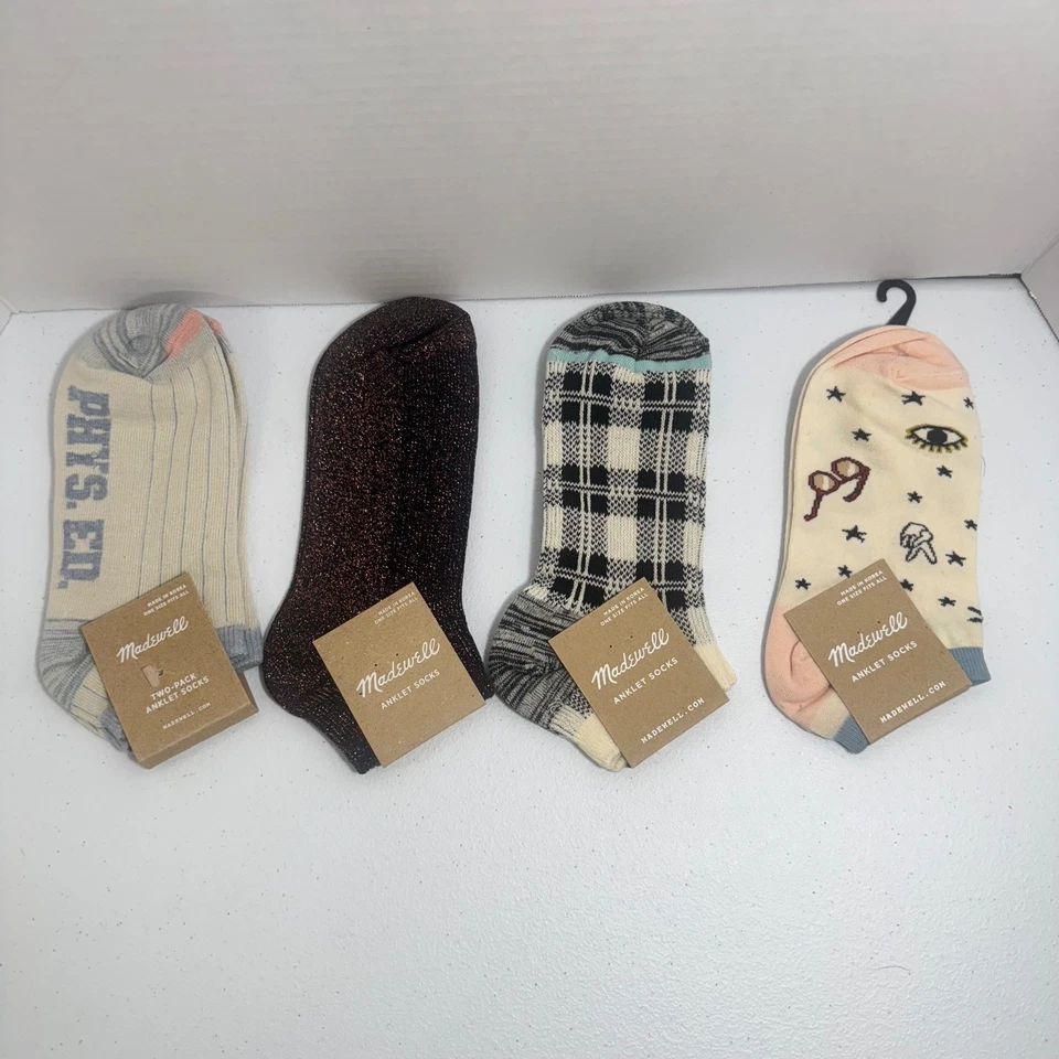 Paquete de 4 pares de calcetines tobilleros Madewell para mujer Phys Ed Sparkle Plaid Critter OLDSTOCK Foto 1 de 4