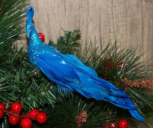 More details for teal blue peacock clip on craft birds - christmas tree decorations (set of 2)