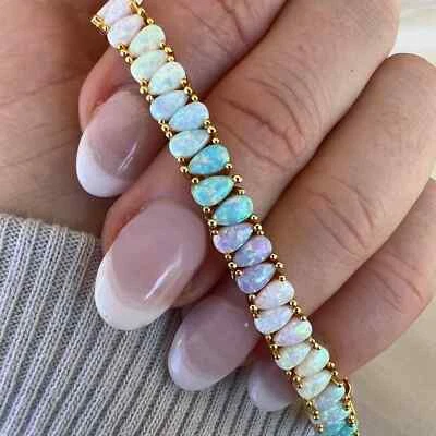 Pulseira feminina vintage corte pera exclusiva simulada opala de fogo prata esterlina 925 - Imagem 1 de 3