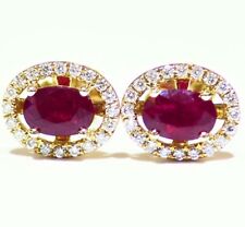 1.52CT 14K Gold Natural Ruby Round Cut Diamond Stud Halo Anniversary Earrings