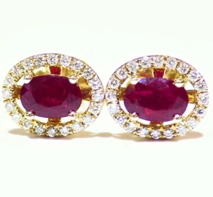 1.52CT 14K Gold Natural Ruby Round Cut Diamond Stud Halo Anniversary Earrings - Picture 1 of 5