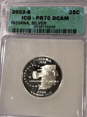 2002 S 25C Silver Indiana State Quarter PR70DCAM ICG - Image 1 of 2