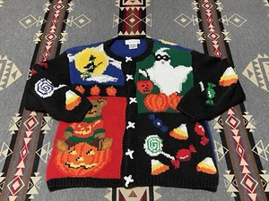 Eagle's Eye Women’s PS Vtg 90s Halloween Patchwork Cardigan Sweater T12 - Picture 1 of 5