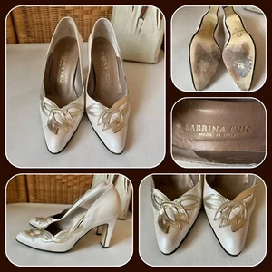 Vintage 1980s Sabrina Chic Gold Cream Leather Shoes Heels Size UK 3.5 EU 36 - Picture 1 of 11