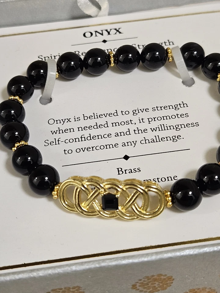 PULSERA SHIVAM LATÓN CHAPADO EN ORO 14K ÓNIX NEGRO ELÁSTICA TALLA ÚNICA Foto 1 de 1