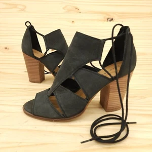 Lucky Brand Womens Bootie Sandals Sz 10 Black Leather Stacked Heel Open Toe Boho - Picture 1 of 10