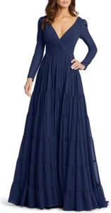 Robe mousseline de soie A-Line bleue à manches longues Ieena Mac Duggal taille 14 - Photo 1/7