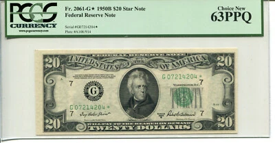 Fr 2061-G* STAR 1950B $20 Federal Reserve 63 PPQ CHOICE NEW - Image 1 of 2