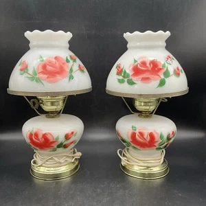 VTG Pair Of Hurricane Lamps With Hand Painted Roses 14 1/2” Tall - Picture 1 of 14