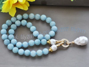 10mm Blue Aquamarine Gemstone Round Beads White Baroque Pearl Pendant Necklace - Picture 1 of 12