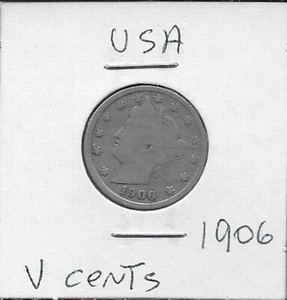 USA V CENTS 1906 WITH CENTS,LIBERTY HEAD LEFT,WITHIN CIRCLE OF STARS,DATE BELOW, - Picture 1 of 2