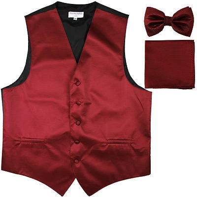 New Men's Horizontal Stripes Tuxedo Vest Waistcoat_bowtie & Hankie burgundy prom - Image 1 of 4