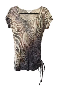 Rick Cardona 10 Brown Animal Print Short Sleeve Top Blouse Slim Stretch VGC - Picture 1 of 6