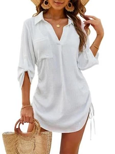 Women's Bathing Suit Cover Ups Bikini Swimsuit Drawstring Beach Dress Shirt - Picture 1 of 15