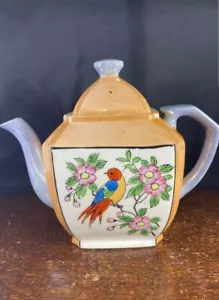 This is a Japanese Hand Painted orange and blue lustreware teapot. - Picture 1 of 1