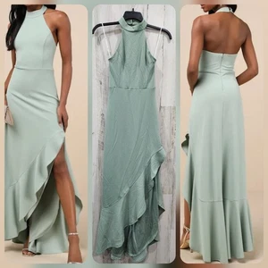 LULUS Majestic Perfection salbeigrün Rüschen Neckholder Maxikleid Gr. SMALL **NEU** - Bild 1 von 14