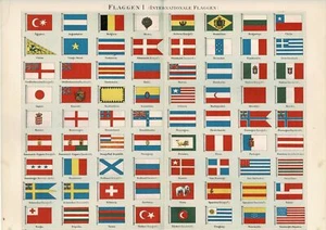Farbtafel FLAGGEN / INTERNATIONALE FLAGGEN Original-Lithographie 1887 - Picture 1 of 1