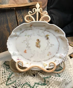 Vintage Candy Bowl Cherub with Lute Gold rimmed Plate 8" x 6.25" - Imagen 1 de 11