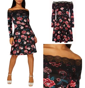 Dorothy Perkins cold shoulder cotton lace skater dress black red Size S UK 8 New - Picture 1 of 4