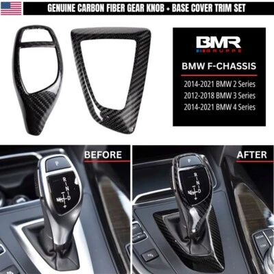 Real Carbon Fiber Gear Shift Knob and Base Trim Cover Set for BMW 2 3 4 Series - Image 1 of 4