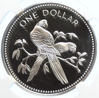 1977 BELIZE Avifauna Scarlet Macaw BIRD OLD Proof Silver Dollar Coin NGC i106360 - Image 1 of 4