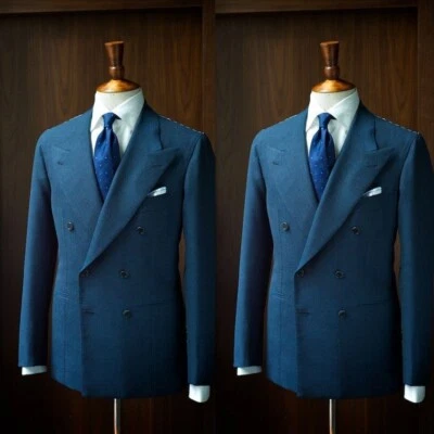 Esmoquin azul formal de boda novio solapa pico doble pecho trajes de negocios para hombres Foto 1 de 4
