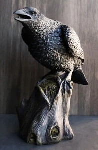 Ebros Large 14" Long Gothic Raven Crow Perching On Tree Stump Statue Figurine - Picture 1 of 12