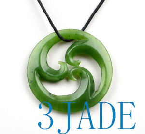 2" Green Nephrite Jade Triple Koru Spiral Pendant NZ Maori Greenstone Pounamu
