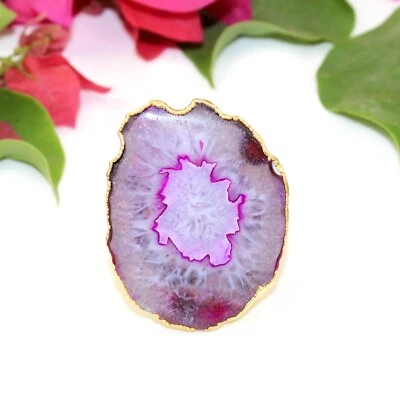 Anillos ajustables galvanizados en oro rebanada de ágata rosa claro natural regalos para ella Foto 1 de 2