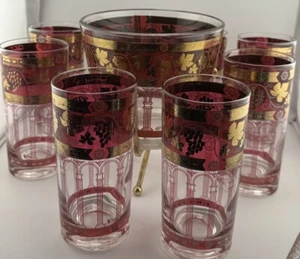 Vintage CERA Grapes Cranberry Roman 22k Gold Barware MCM 8 Glasses, Ice Bucket - Picture 1 of 7