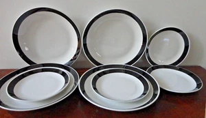 GIBSON HOMES WHITE WITH BLACK RIM 8 PIECE SET 4 DINNER 4 SALAD PLATES - Picture 1 of 18