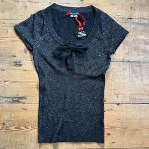 New Hell Bunny Blouse Top Black Glitter Bow Emo Rockabilly Pinup 50s Dance XS 8 - Picture 1 of 2