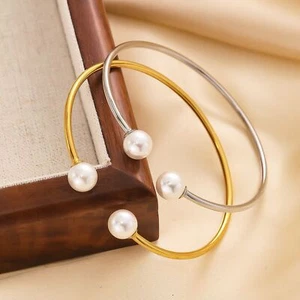 2mm Woman 18K Gold Plated Stainless Steel Pearl Opening Bangle Bracelet Cuff - Picture 1 of 5