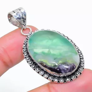925 Sterling Silver Fluorite Gemstone Handmade Jewelry Pendant 2.05" J948 - Picture 1 of 2