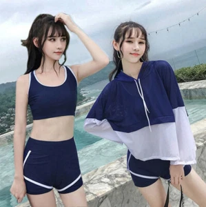 Korean Women Three-Piece Sports Swimsuit Hoodie Bikini Swimwear Bathing Suit - Picture 1 of 14