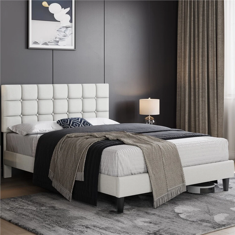 Queen/Full Upholstered Bed Frame Modern Platform with Tufted Headboard, Beige - Image 1 of 1