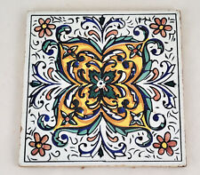 Antique MAJOLICA TILE w/ Floral Design Trivet Tin Glazed Earthenware Delft NR