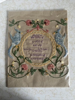 Vintage Floral Crewel Embroidered Birth Announcement Blue Birds - Image 1 of 4