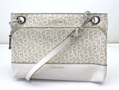 Calvin Klein Crossbody Purse CK Logo Print White Cream Zippered Bag - Image 1 of 4