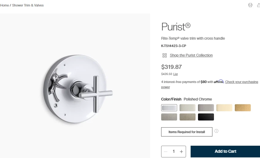 KOHLER TS14423-3-CP Purist Rite-Temp Valve Trim Cross Handle Polished Chrome - Image 1 of 1