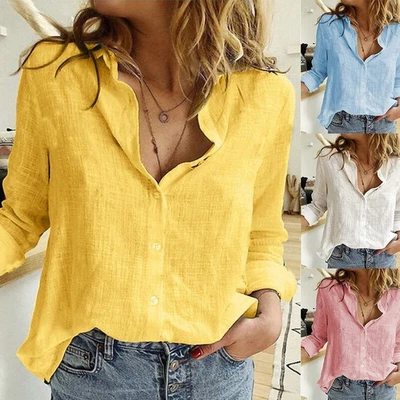 Womens Cotton Linen Plain Blouse Tops Ladies Baggy Long Sleeve Casual T-Shirt - Image 1 of 4