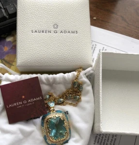 NIB Lauren G. Adams Enameled Aquamarine Stone Gold Plated Pendant Necklace - Picture 1 of 4